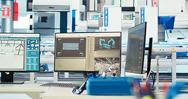 CAD program on PC screen in photovoltaics factory used for designing production lines for solar panel assembly facility. Simulation software on computer monitor in empty solar panels plant